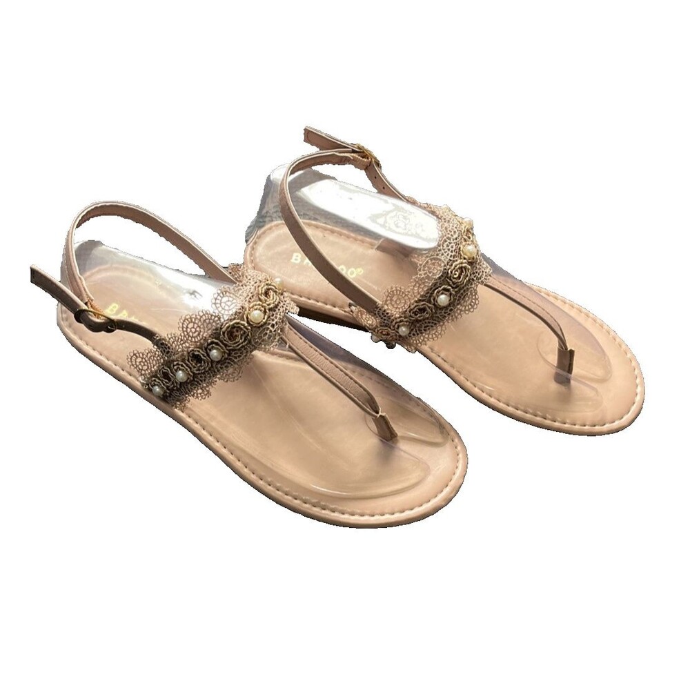 Bamboo Thong Sandals Size 7 Beige Gold Sparkle T Strap 1.5" Heel  Ankle  Strap